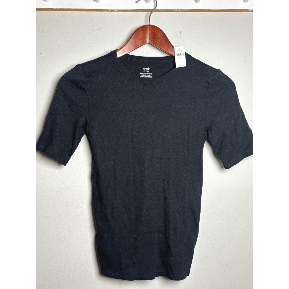 Aerie Ribbed Crew Neck Baby Tee Black Fitted Basic XS NWT